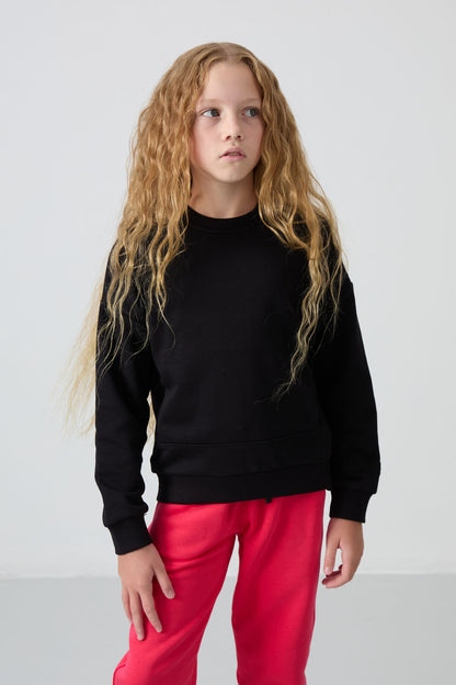 Black Cotton Fleece-Lined Soft Textured Oversize Embroidered Girls' Sweatshirt - 75150