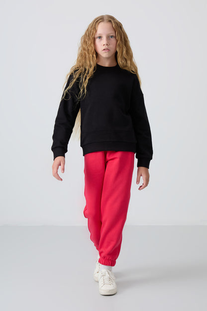 Black Cotton Fleece-Lined Soft Textured Oversize Embroidered Girls' Sweatshirt - 75150