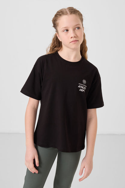 Black Cotton O Collar Oversize Fit Printed Girl and T-Shirt - 75178
