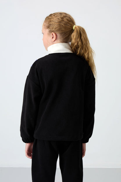 Black Thick Soft Textured Oversize Embroidered Fleece Girl's Sweatshirt - 75153