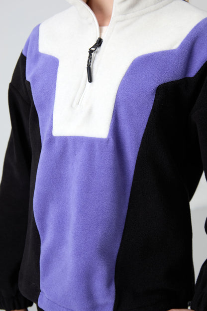 Black Thick Soft Textured Oversize Embroidered Fleece Girl's Sweatshirt - 75153