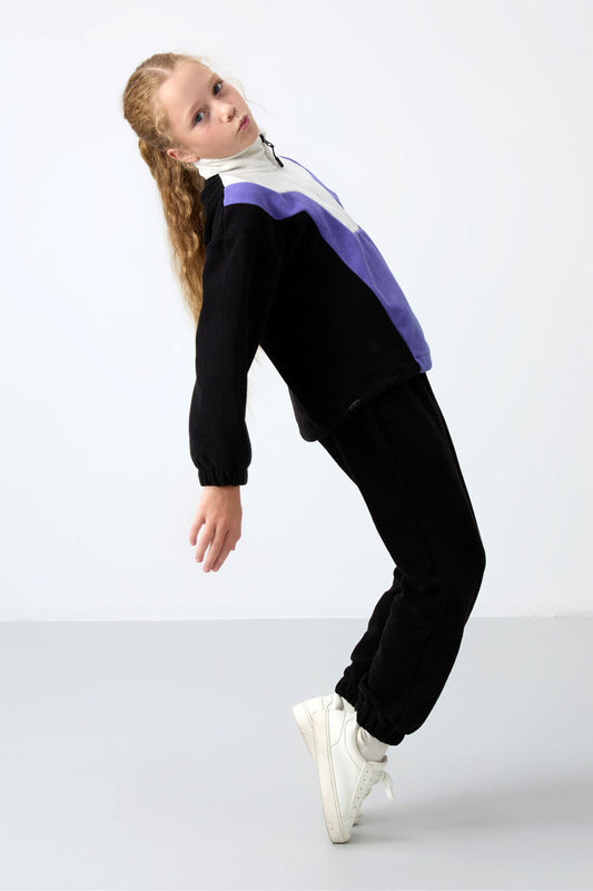 Black Thick Soft Textured Oversize Embroidered Fleece Girl's Sweatshirt - 75153