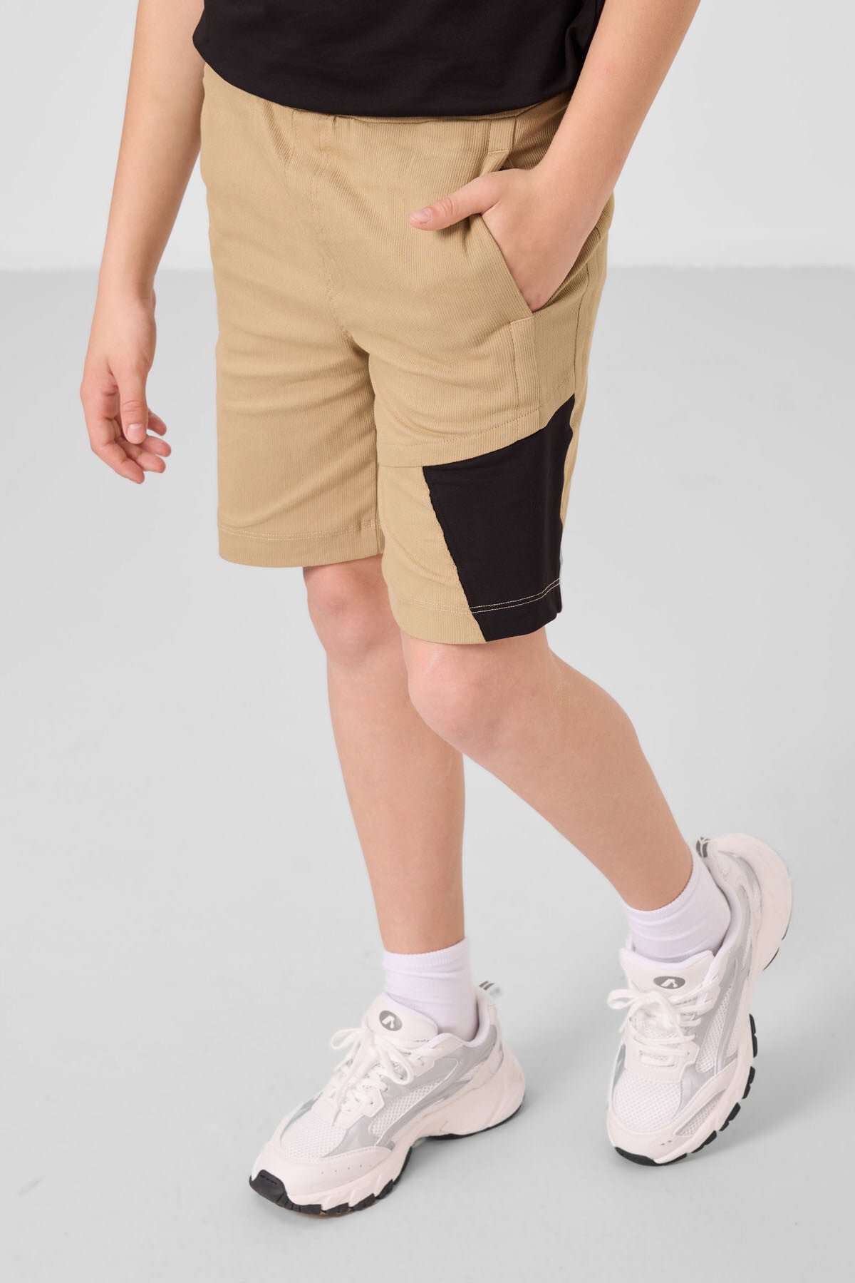 Black and dark beige cotton oversized fit woven lightweight stretchy chino Shorts set - 11275