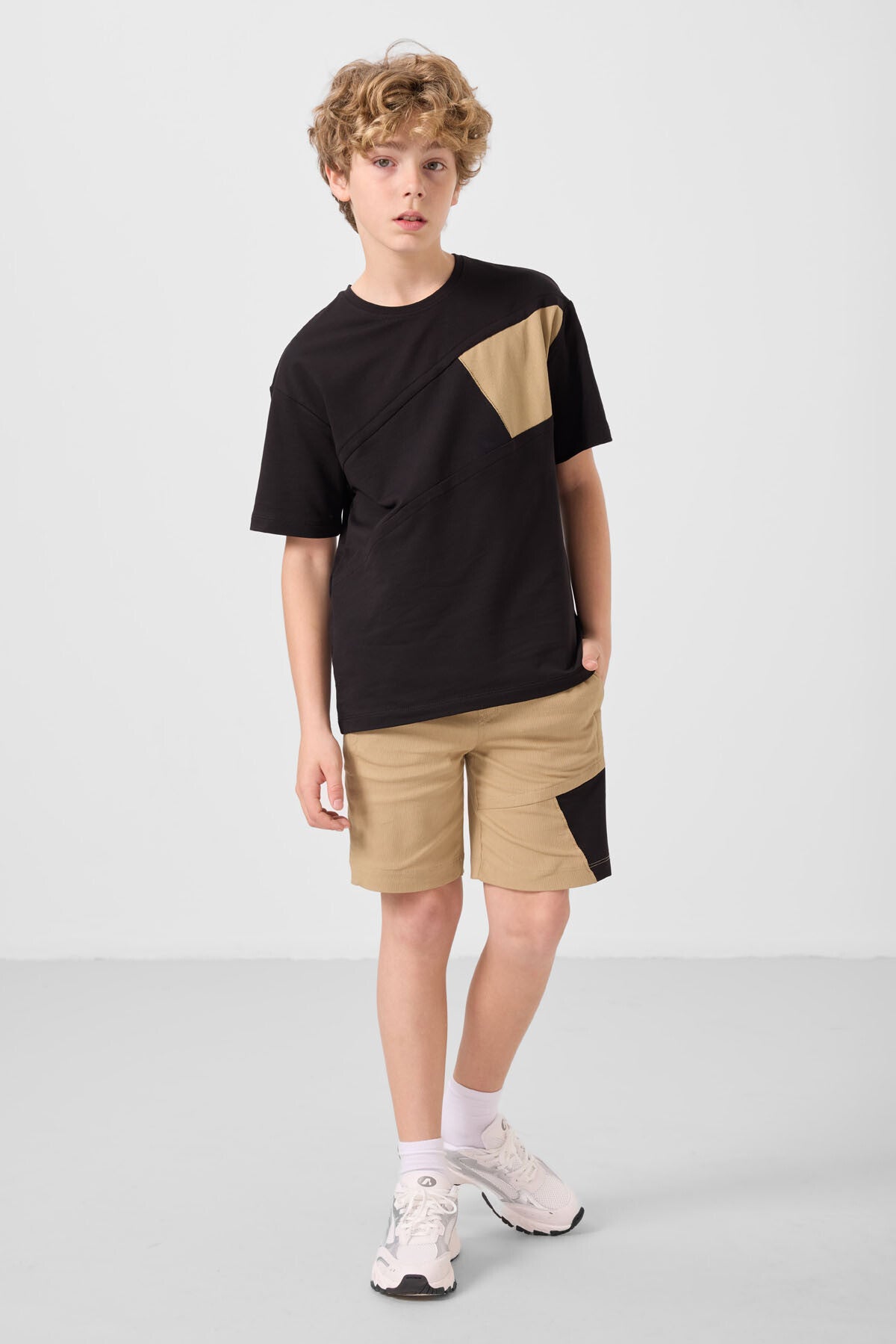 Black and dark beige cotton oversized fit woven lightweight stretchy chino Shorts set - 11275