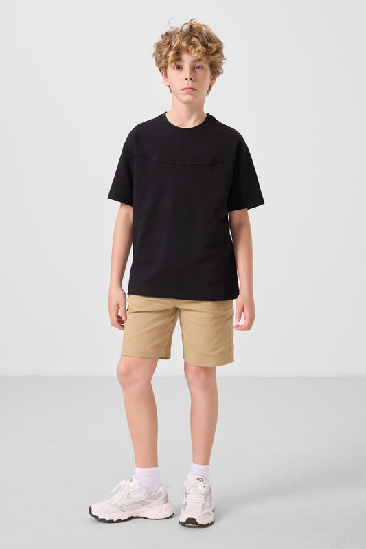 Black and dark beige cotton oversized fit woven lightweight elastic Chino boy's shorts set - 11279