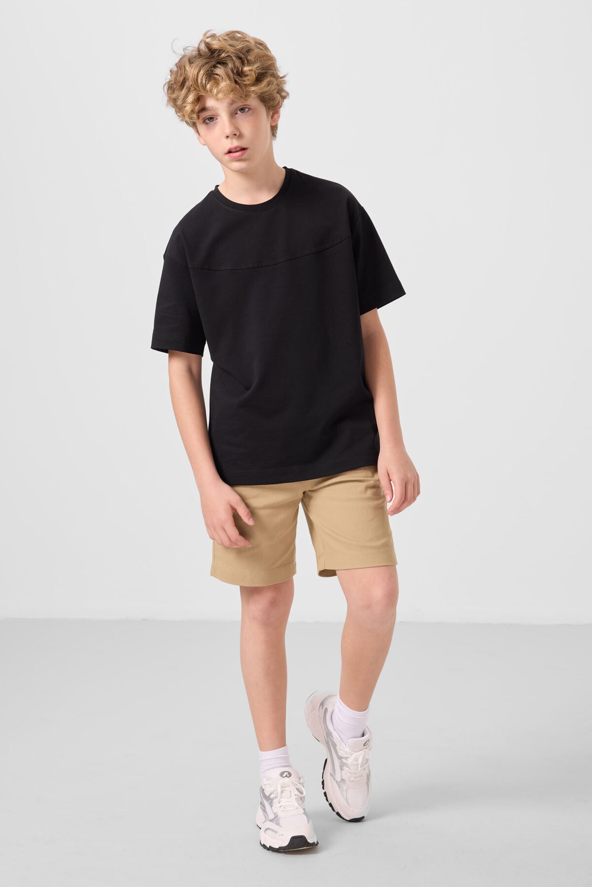 Black and dark beige cotton oversized fit woven lightweight elastic Chino boy's shorts set - 11279