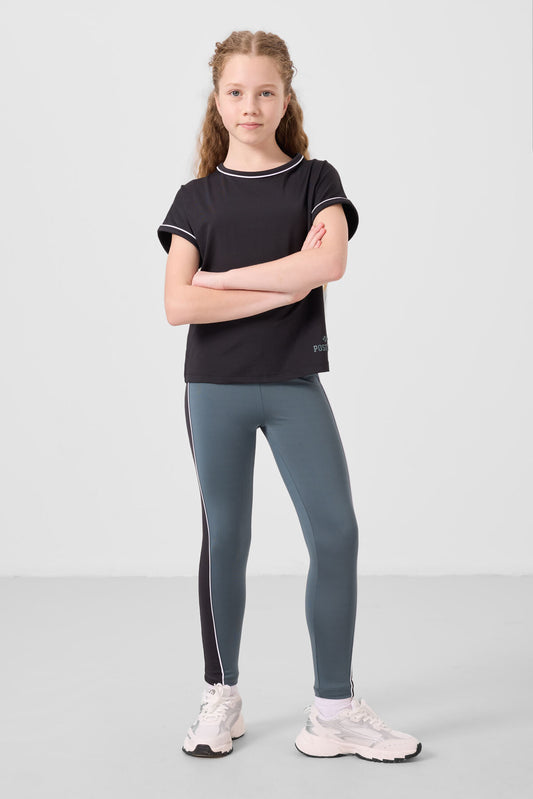 Black and forest green O collar side strip Detailed Standard Fit Performance Girl Tights Set - 75191