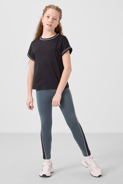 Black and forest green O collar side strip Detailed Standard Fit Performance Girl Tights Set - 75191