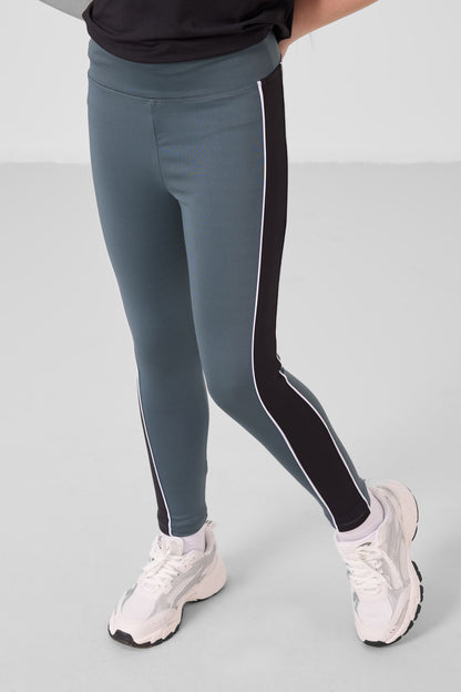Black and forest green O collar side strip Detailed Standard Fit Performance Girl Tights Set - 75191