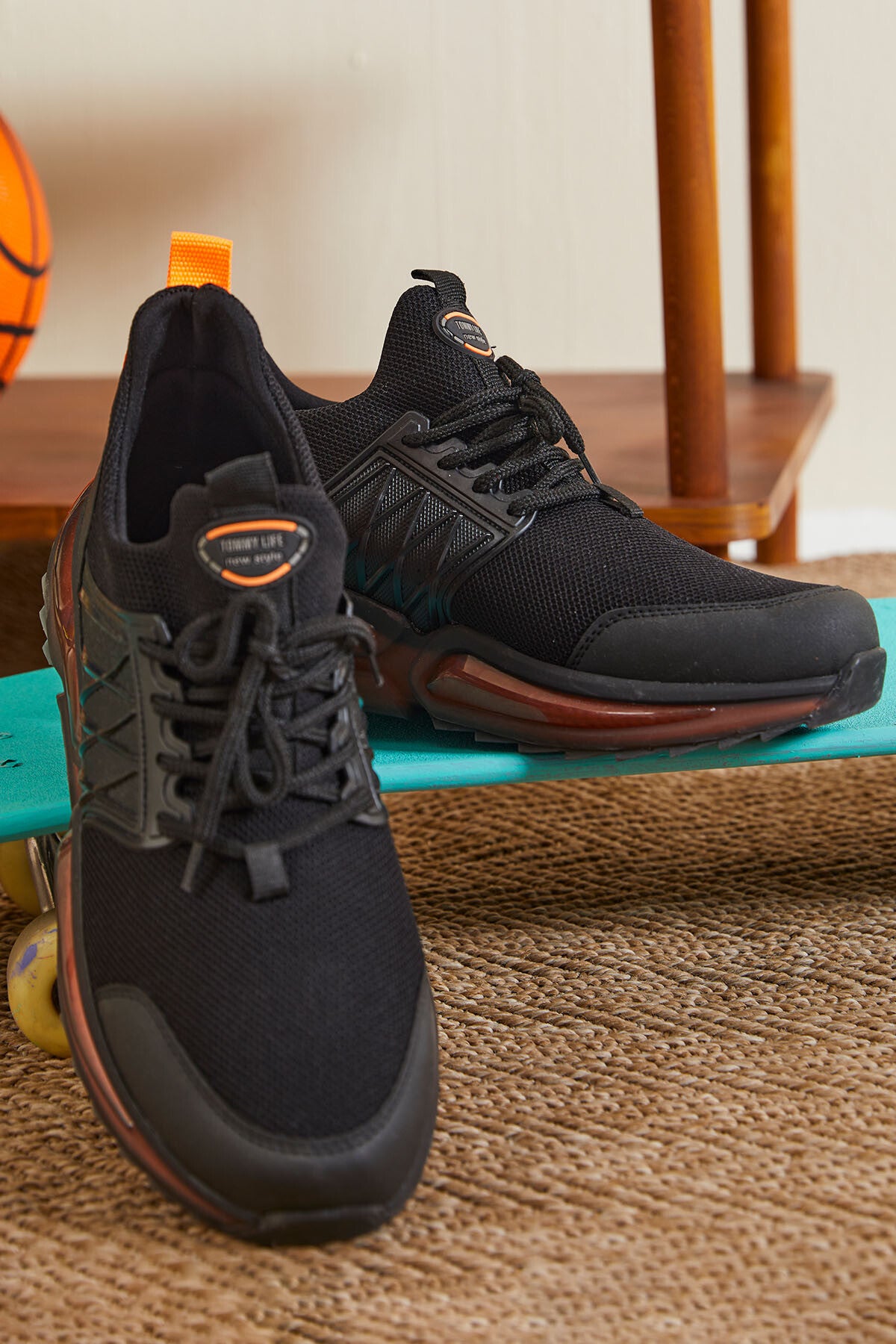 Black - Orange High Sole Laced Men's Sports Shoes - 89108