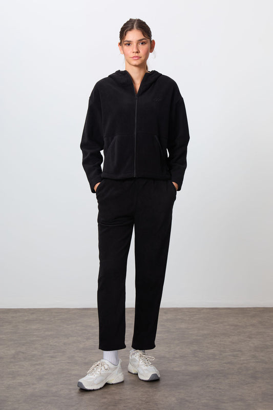 Black Thick Soft Textured Hooded Oversize Embroidered Fleece Women's Tracksuit Set -95338