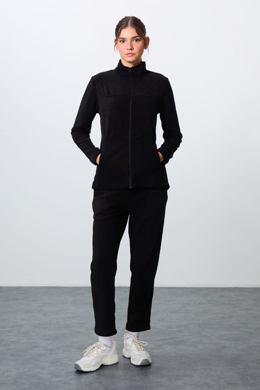 Black Thick Soft Textured Stand Collar Oversize Embroidered Fleece Women's Tracksuit Set -95339