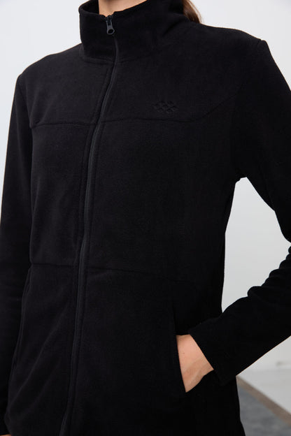 Black Thick Soft Textured Stand Collar Oversize Embroidered Fleece Women's Tracksuit Set -95339