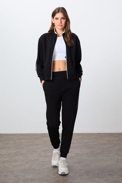 Black Compact Cotton Thick Smooth Textured Stand Collar Oversize Fit Women's Tracksuit Set - 95340