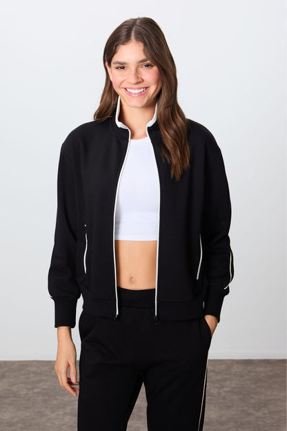 Black Compact Cotton Thick Smooth Textured Stand Collar Oversize Fit Women's Tracksuit Set - 95340
