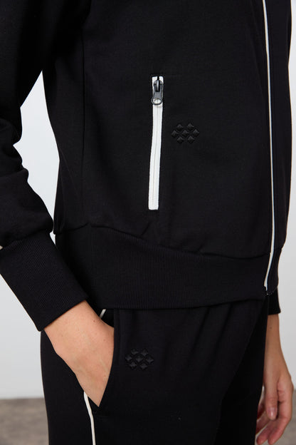 Black Compact Cotton Thick Smooth Textured Stand Collar Oversize Fit Women's Tracksuit Set - 95340