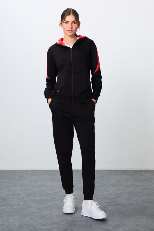 Black Compact Cotton Thick Smooth Textured Hooded Oversize Fit Women's Tracksuit Set - 95343