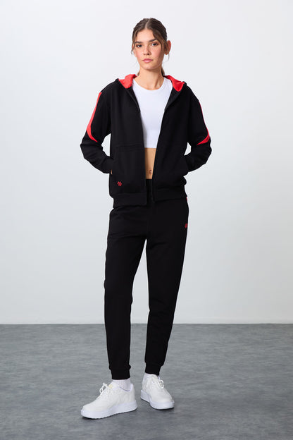 Black Compact Cotton Thick Smooth Textured Hooded Oversize Fit Women's Tracksuit Set - 95343
