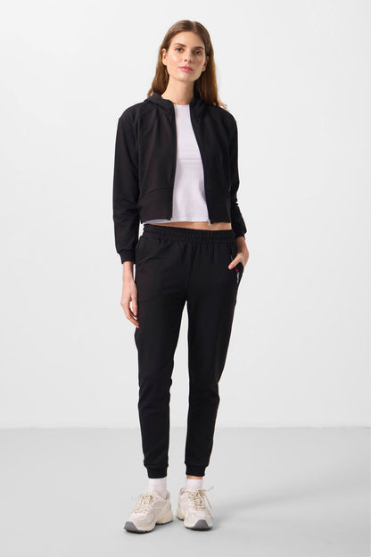 Black Hooded Zippered Oversize Women's Tracksuit Set - 95328