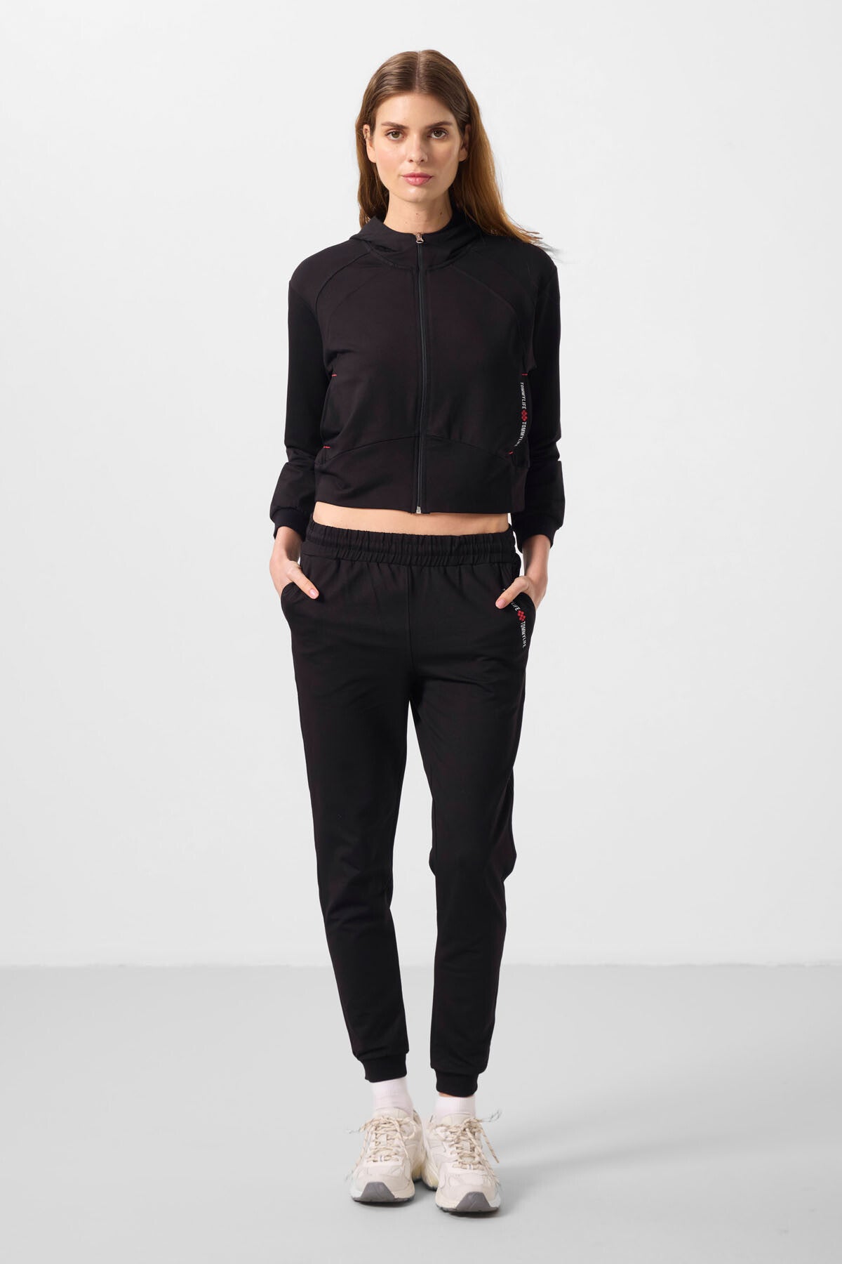 Black Hooded Zippered Oversize Women's Tracksuit Set - 95328