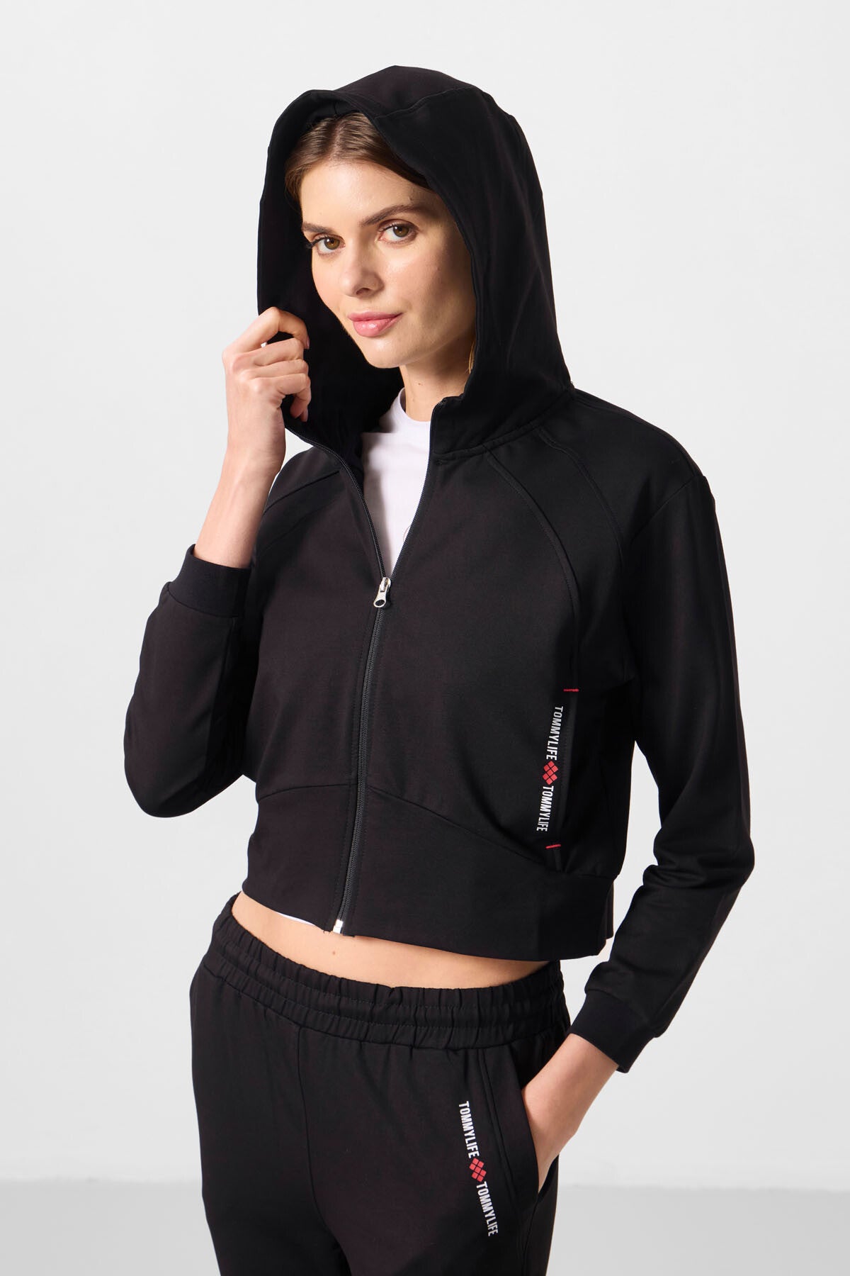 Black Hooded Zippered Oversize Women's Tracksuit Set - 95328