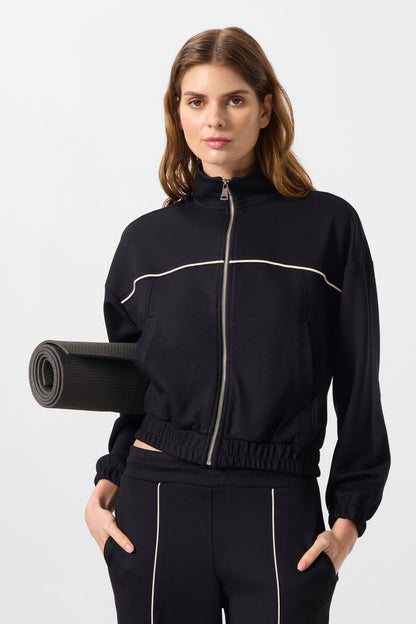 Black Soft Textured High Collar Oversize Elastane Women's Tracksuit Set - 95349