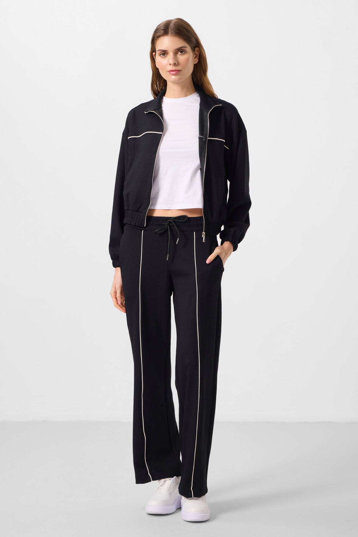 Black Soft Textured High Collar Oversize Elastane Women's Tracksuit Set - 95349