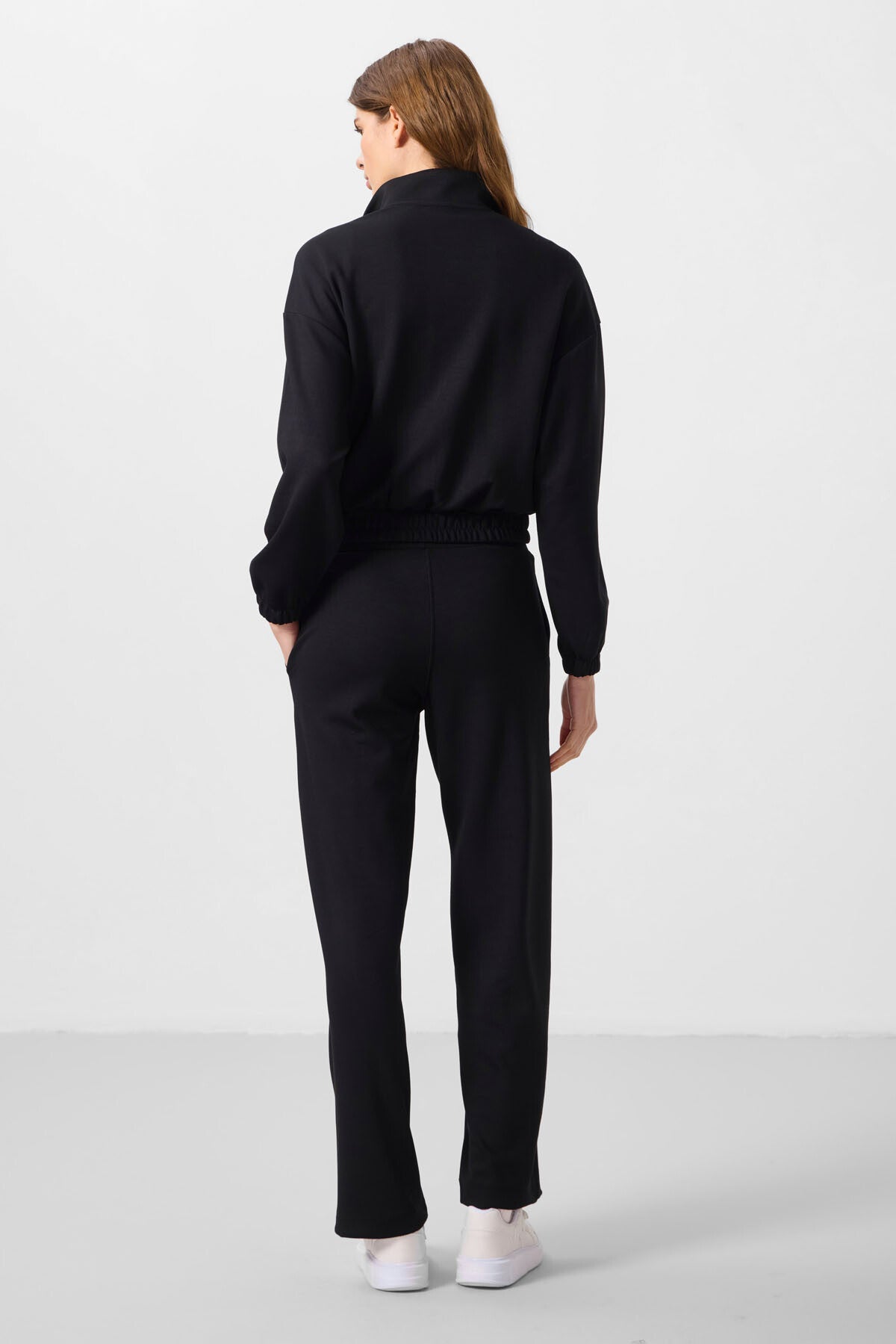 Black Soft Textured High Collar Oversize Elastane Women's Tracksuit Set - 95349