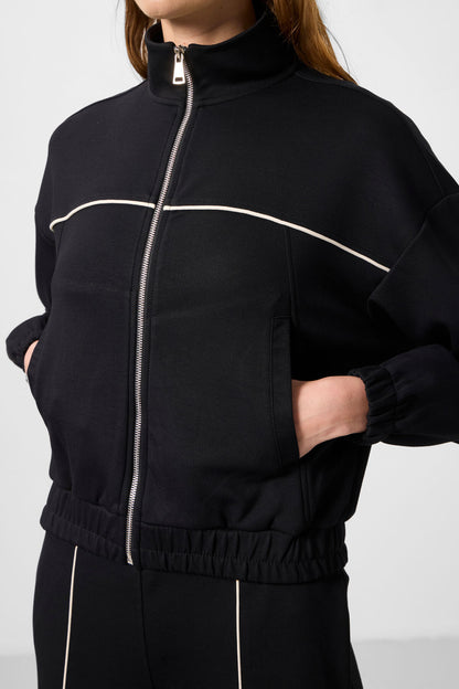 Black Soft Textured High Collar Oversize Elastane Women's Tracksuit Set - 95349