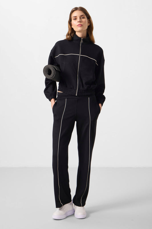 Black Soft Textured High Collar Oversize Elastane Women's Tracksuit Set - 95349