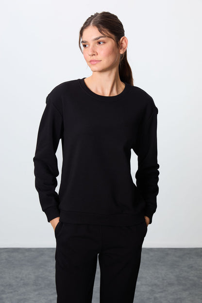 Black Compact Cotton Thick Smooth Textured O Collar Oversize Fit Women's Tracksuit Set - 95341