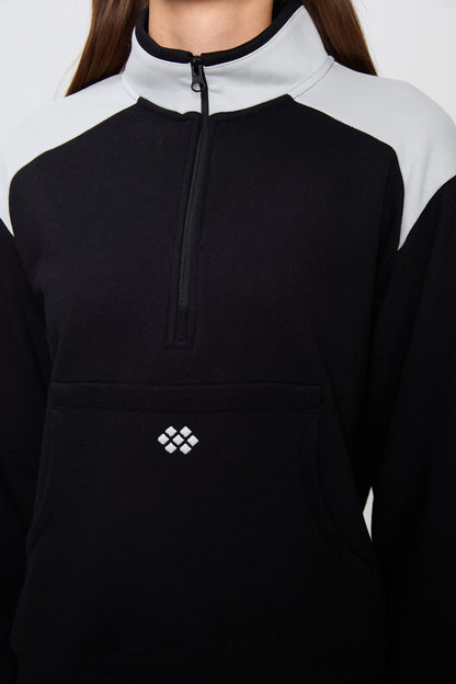 Black Compact Cotton Thick Smooth Textured Stand Collar Oversize Fit Women's Tracksuit Set - 95342