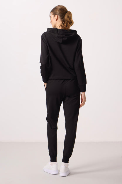 Black Hooded Oversize Women's Tracksuit Set - 95336