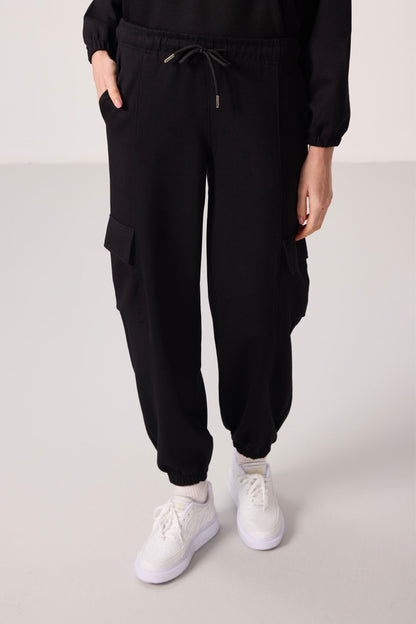 Black Soft Textured High Collar Hidden Zipper Oversize Women's Tracksuit Set - 95351