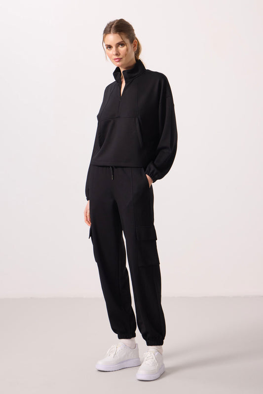 Black Soft Textured High Collar Hidden Zipper Oversize Women's Tracksuit Set - 95351