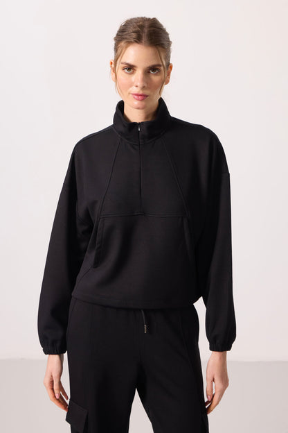 Black Soft Textured High Collar Hidden Zipper Oversize Women's Tracksuit Set - 95351
