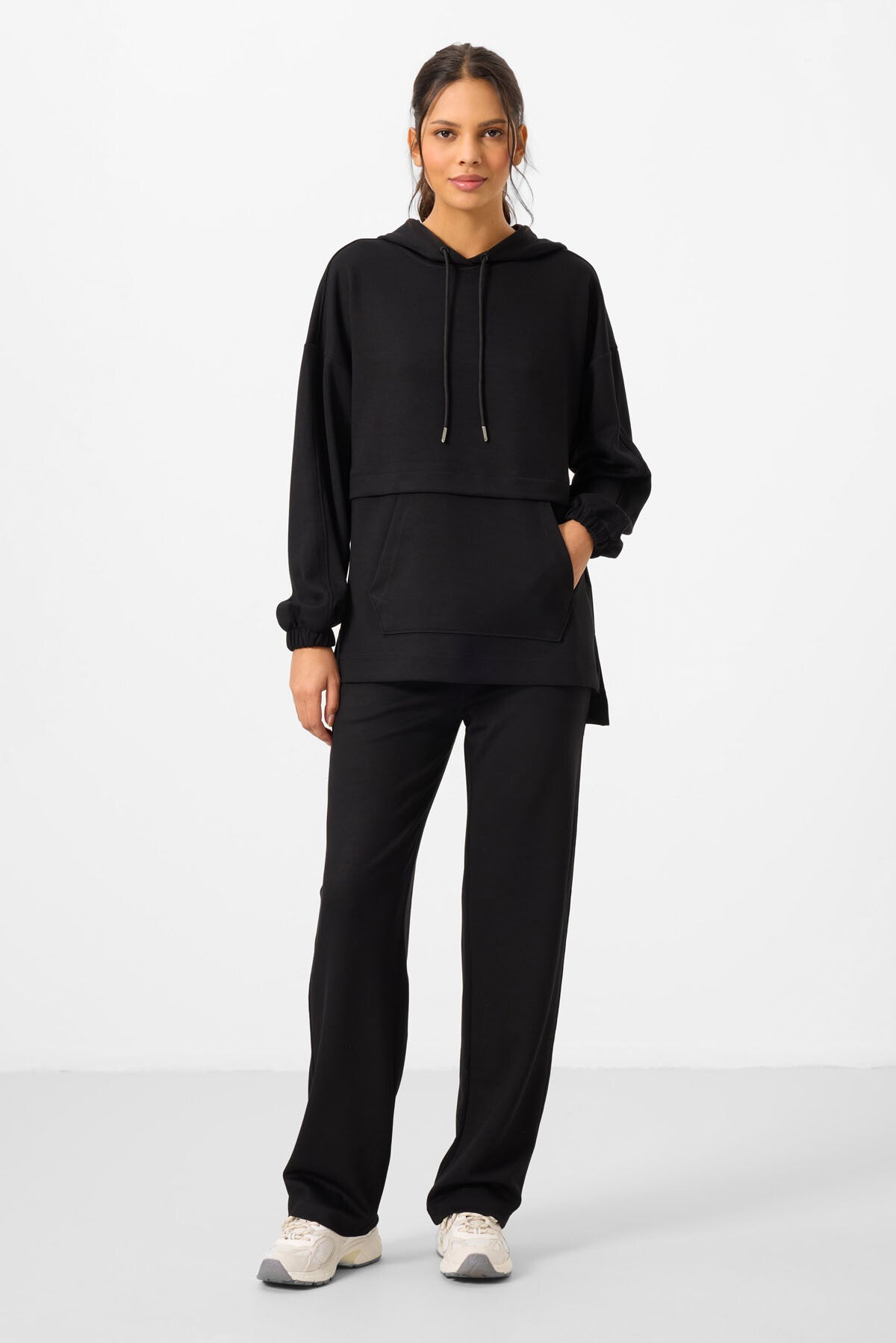 Black Soft Textured Hooded Oversize Women's Tracksuit Tunic Set - 95348
