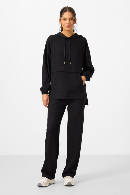 Black Soft Textured Hooded Oversize Women's Tracksuit Tunic Set - 95348