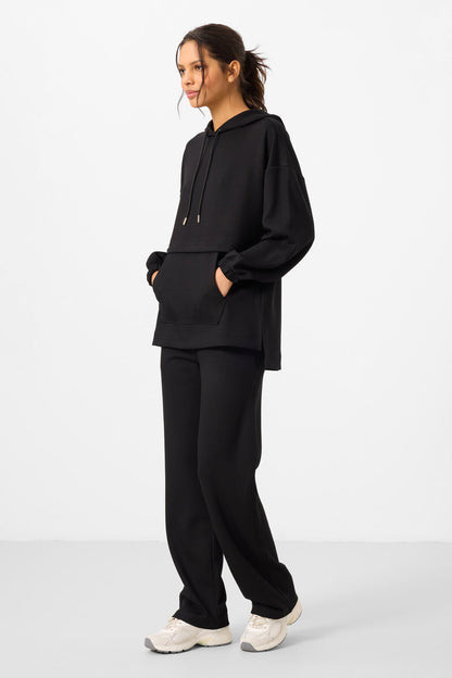 Black Soft Textured Hooded Oversize Women's Tracksuit Tunic Set - 95348