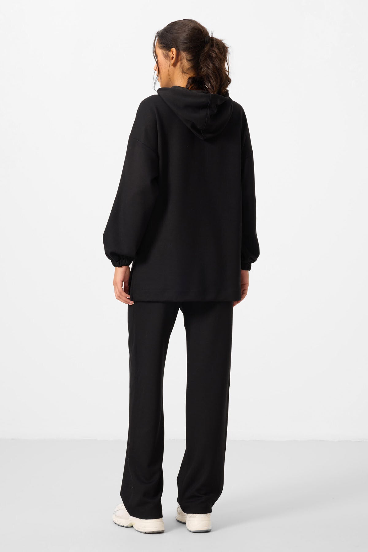 Black Soft Textured Hooded Oversize Women's Tracksuit Tunic Set - 95348