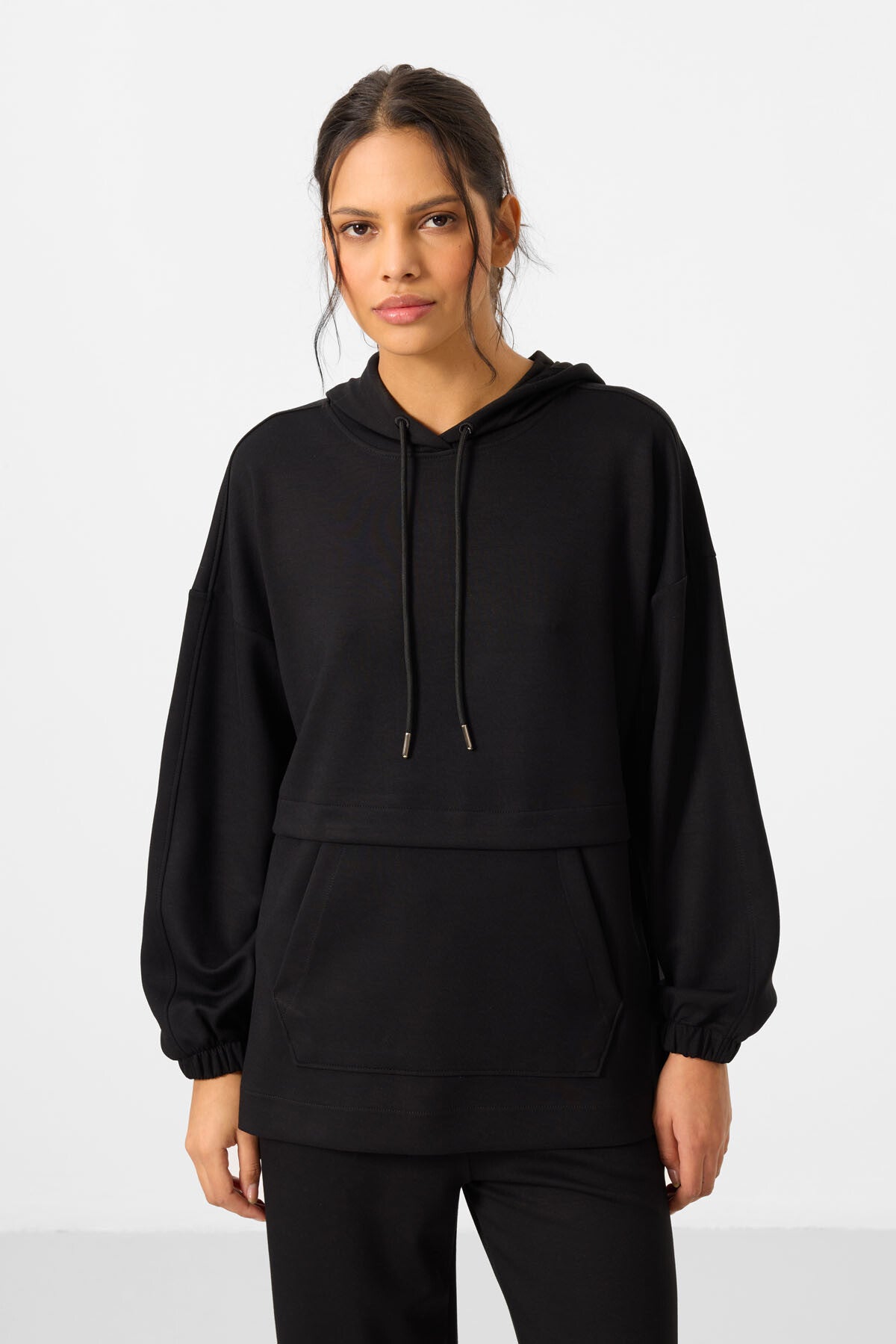 Black Soft Textured Hooded Oversize Women's Tracksuit Tunic Set - 95348