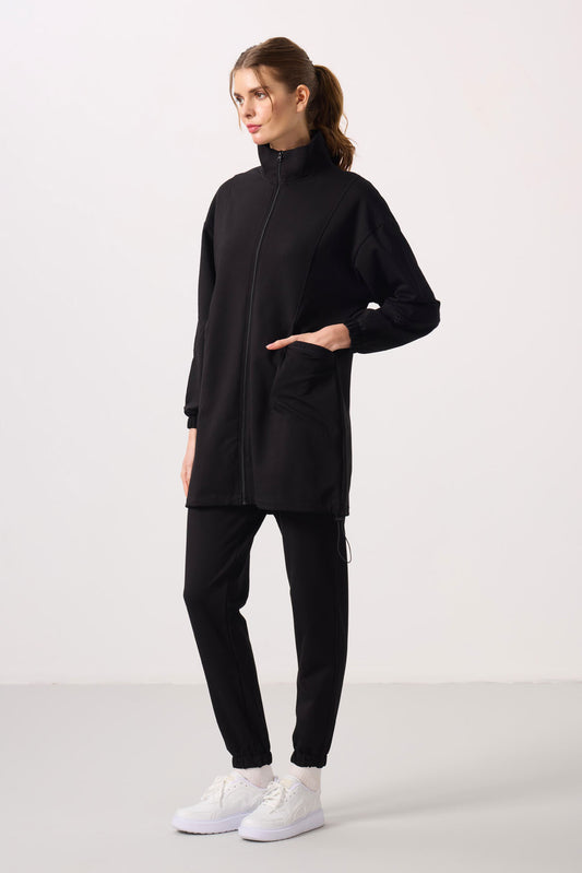 Black High Collar Zippered Comfort Fit Women's Tracksuit Tunic Set - 95345