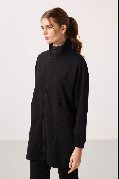 Black High Collar Zippered Comfort Fit Women's Tracksuit Tunic Set - 95345