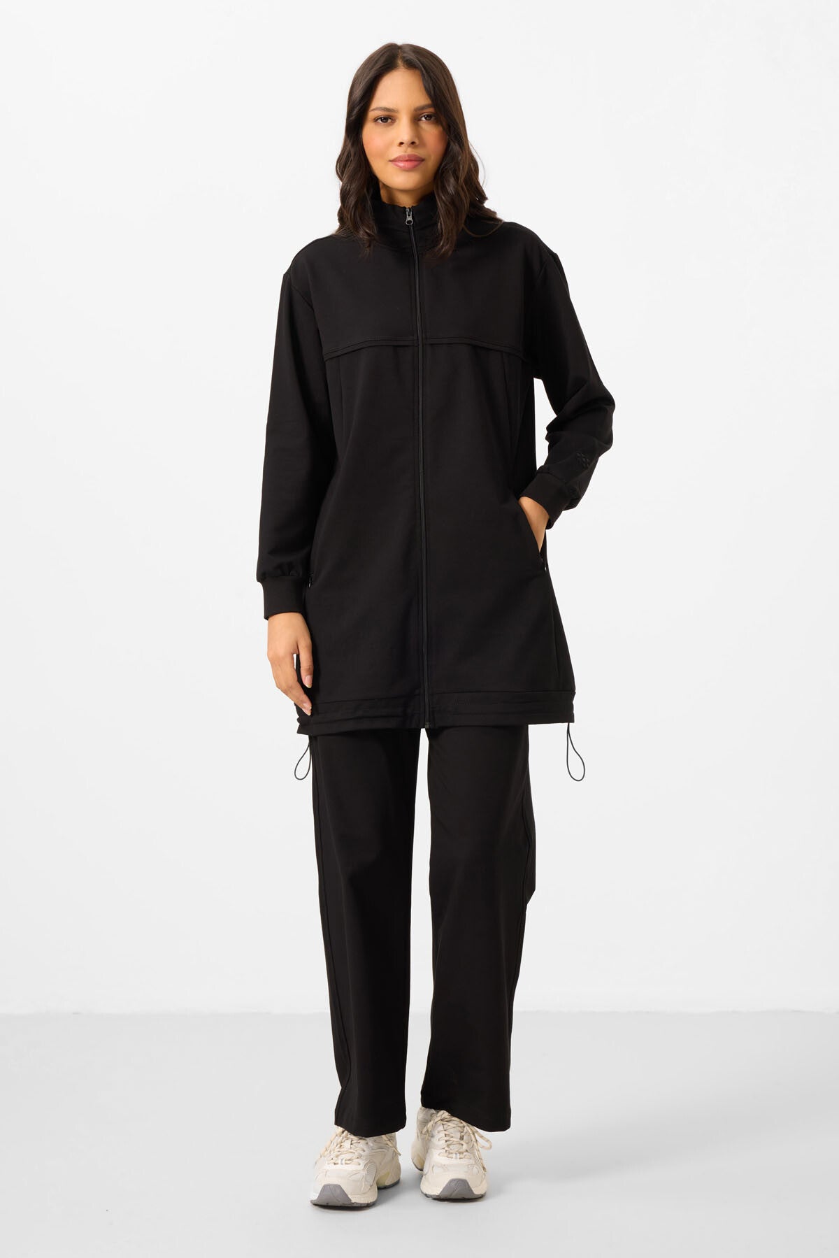 Black High Neck Zippered Cotton Women's Tracksuit Tunic Set - 95346