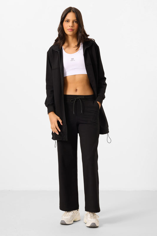 Black High Neck Zippered Cotton Women's Tracksuit Tunic Set - 95346