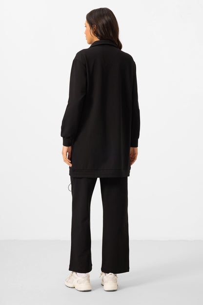 Black High Neck Zippered Cotton Women's Tracksuit Tunic Set - 95346