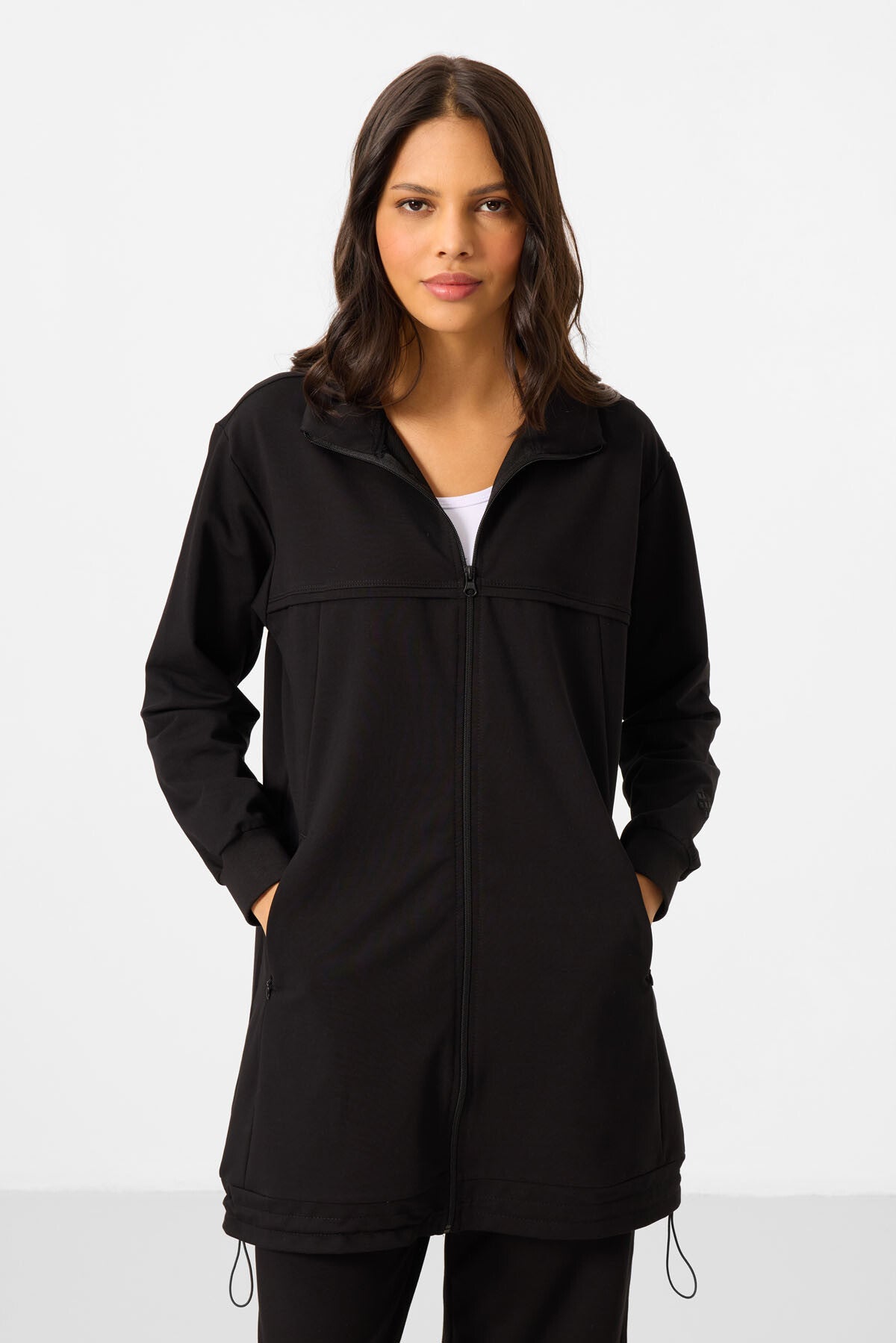 Black High Neck Zippered Cotton Women's Tracksuit Tunic Set - 95346