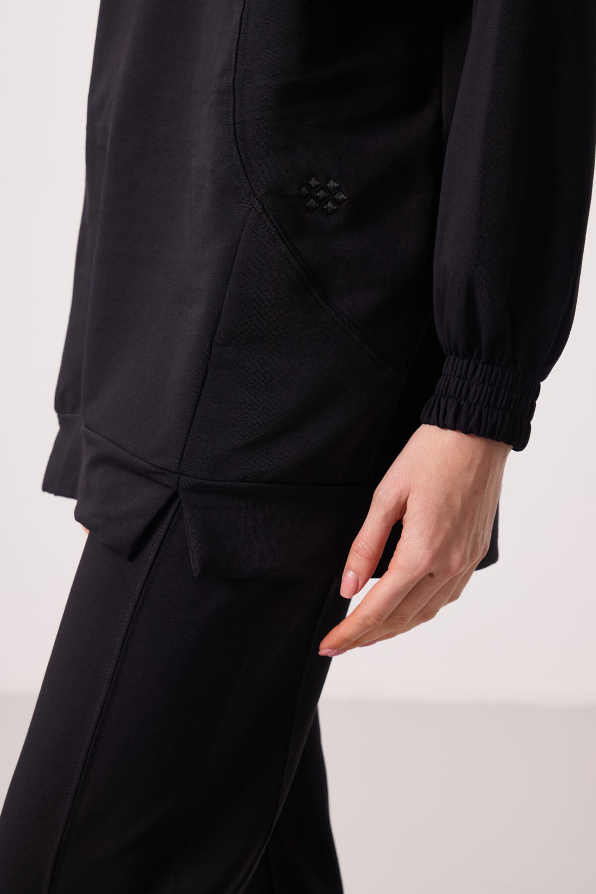 Black O Collar Basic Oversize Women's Tracksuit Tunic Set - 95347