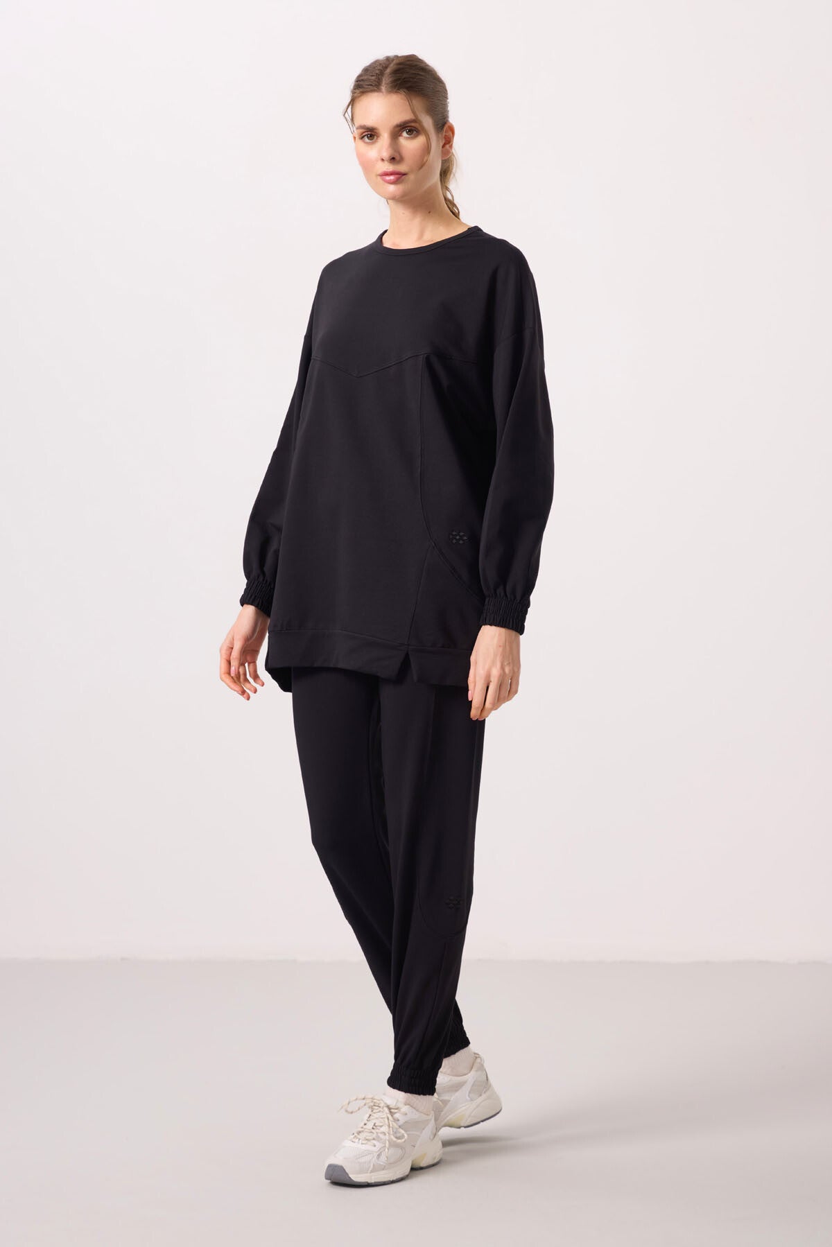 Black O Collar Basic Oversize Women's Tracksuit Tunic Set - 95347
