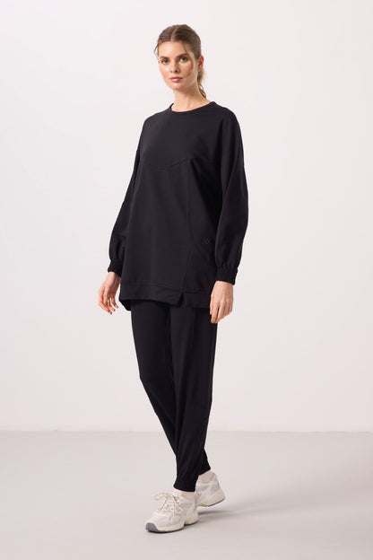 Black O Collar Basic Oversize Women's Tracksuit Tunic Set - 95347